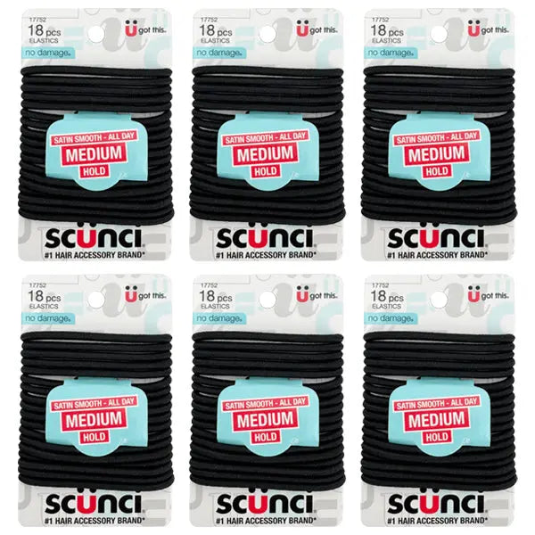 Six packs of Scunci No Damage Satin Smooth Medium Hold Black Hair Elastics, 18 count each, for gentle, comfortable, all-day hold and styling.